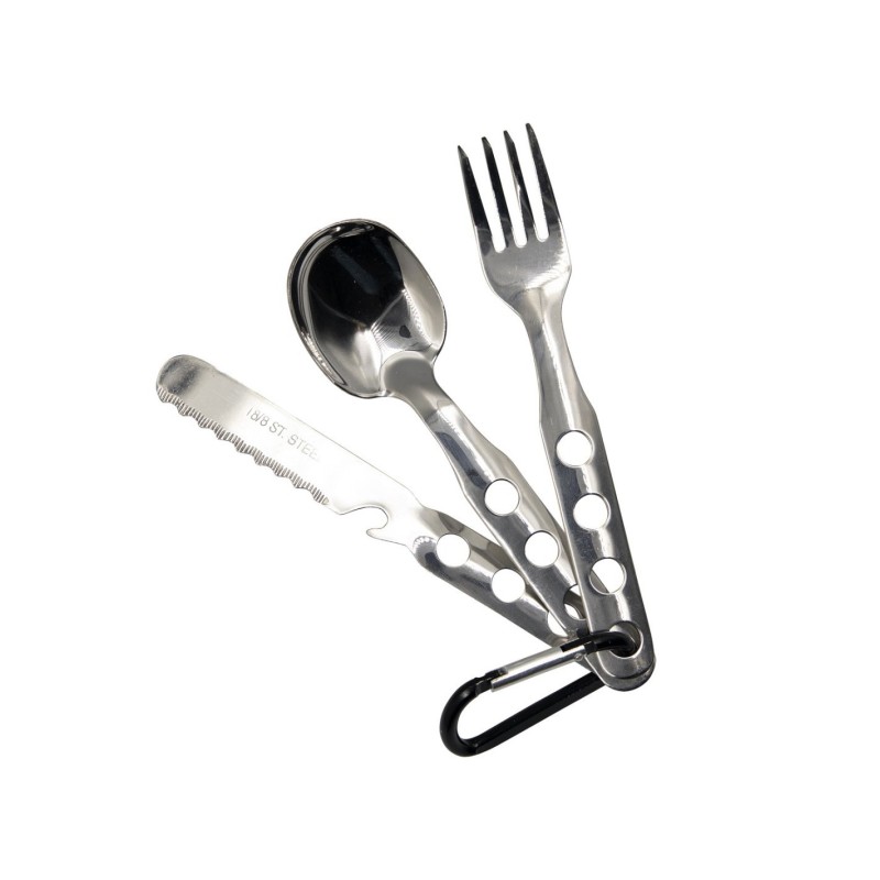 SET DE CUBIERTOS DE ACERO INOXIDABLE CON MOSQUETÓN DE ALUMINIO